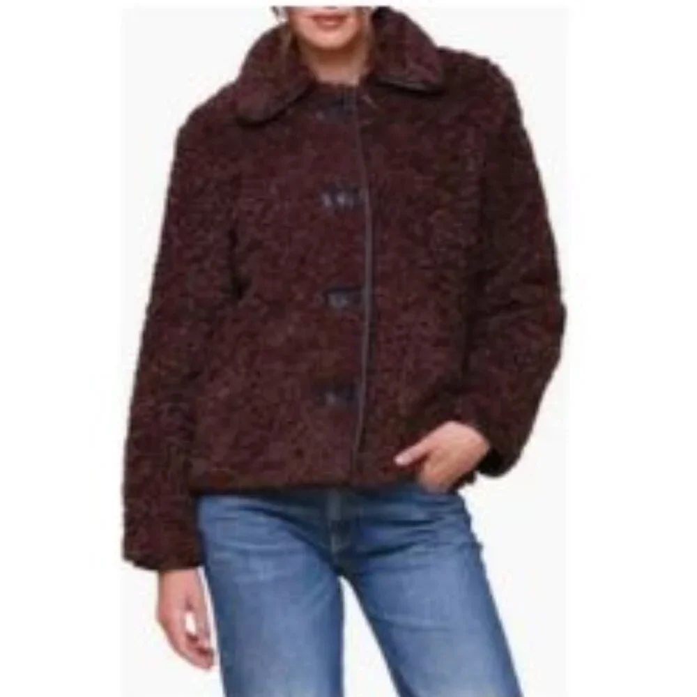 Avec Les Filles Faux Shearling Teddy Coat w/ Faux Leather Trim, Size S, Espresso